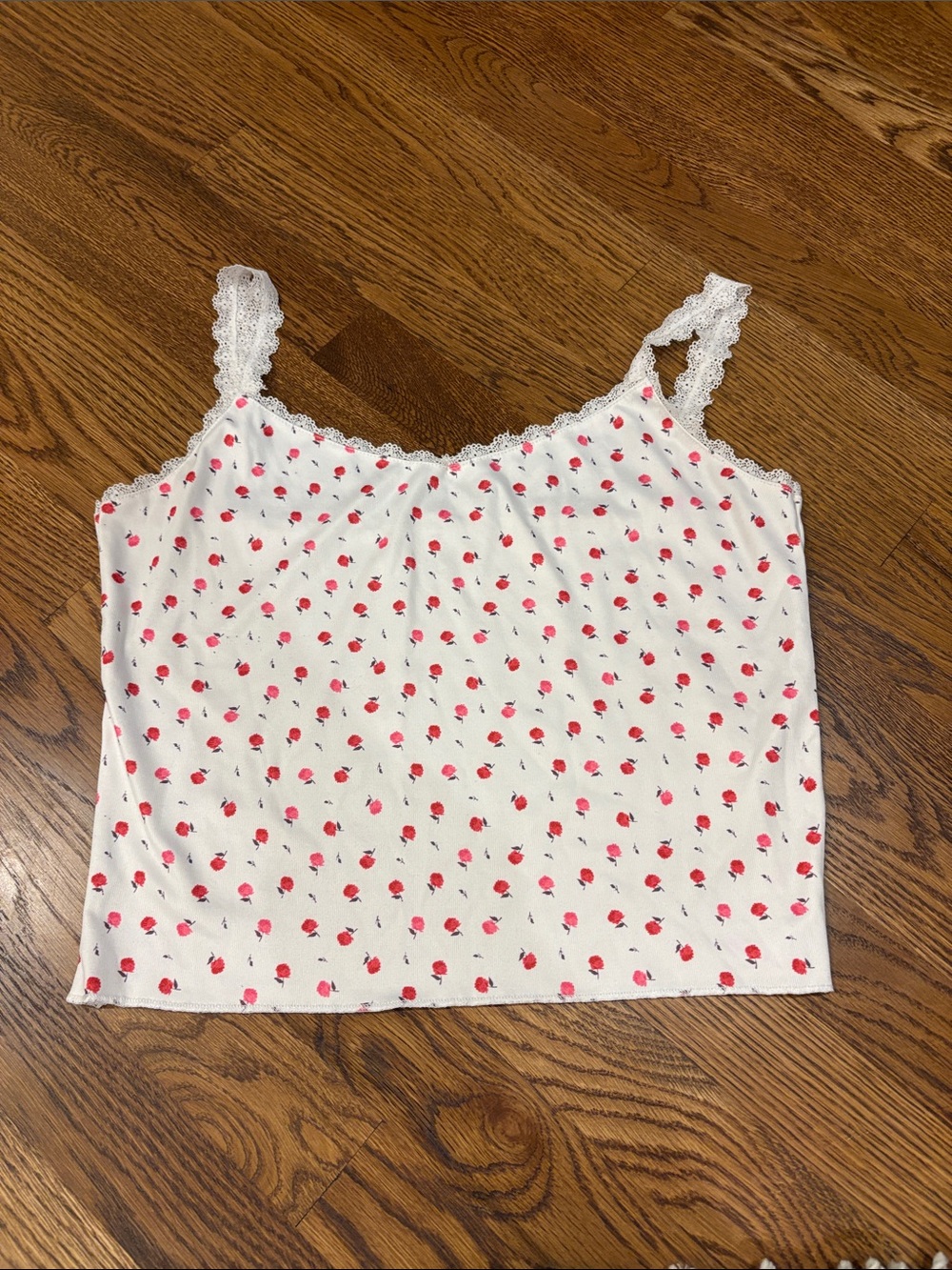 Amazon White Lace-Trim Strawberry Print Cami Top